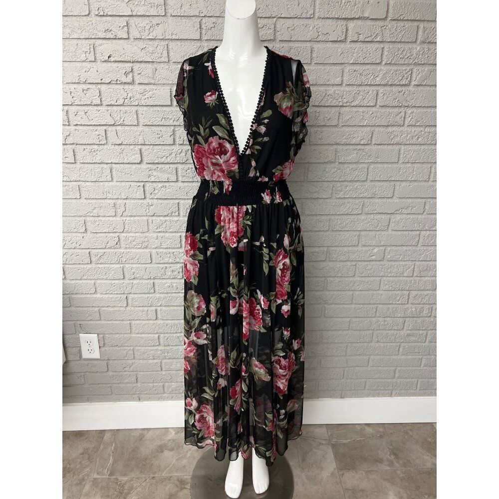 Kate & Lily Women V-Neck Floral Mesh Overlay Dress Smocked Waist Dress Size 8